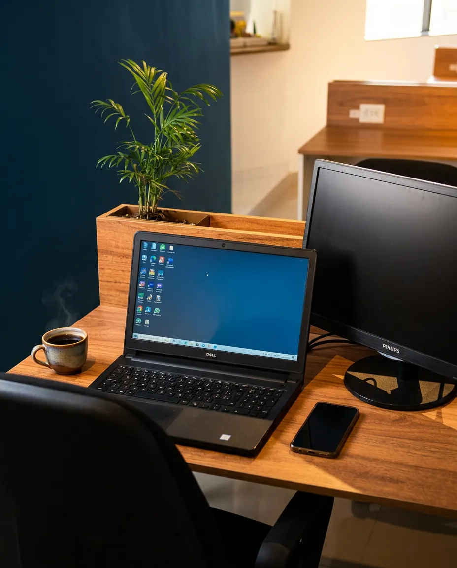 Mesa de trabalho com notebook, monitor e planta