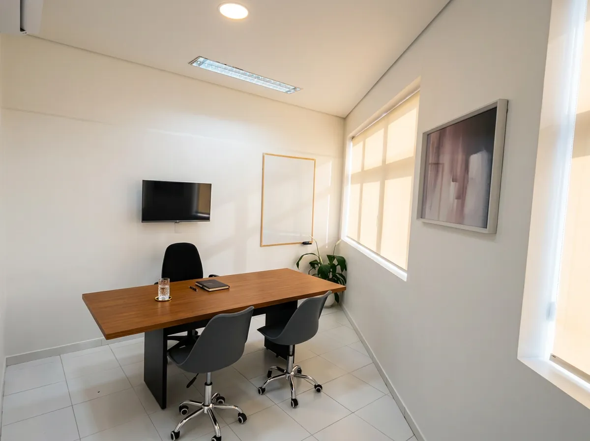 Sala privativa com mesa, cadeiras e lousa