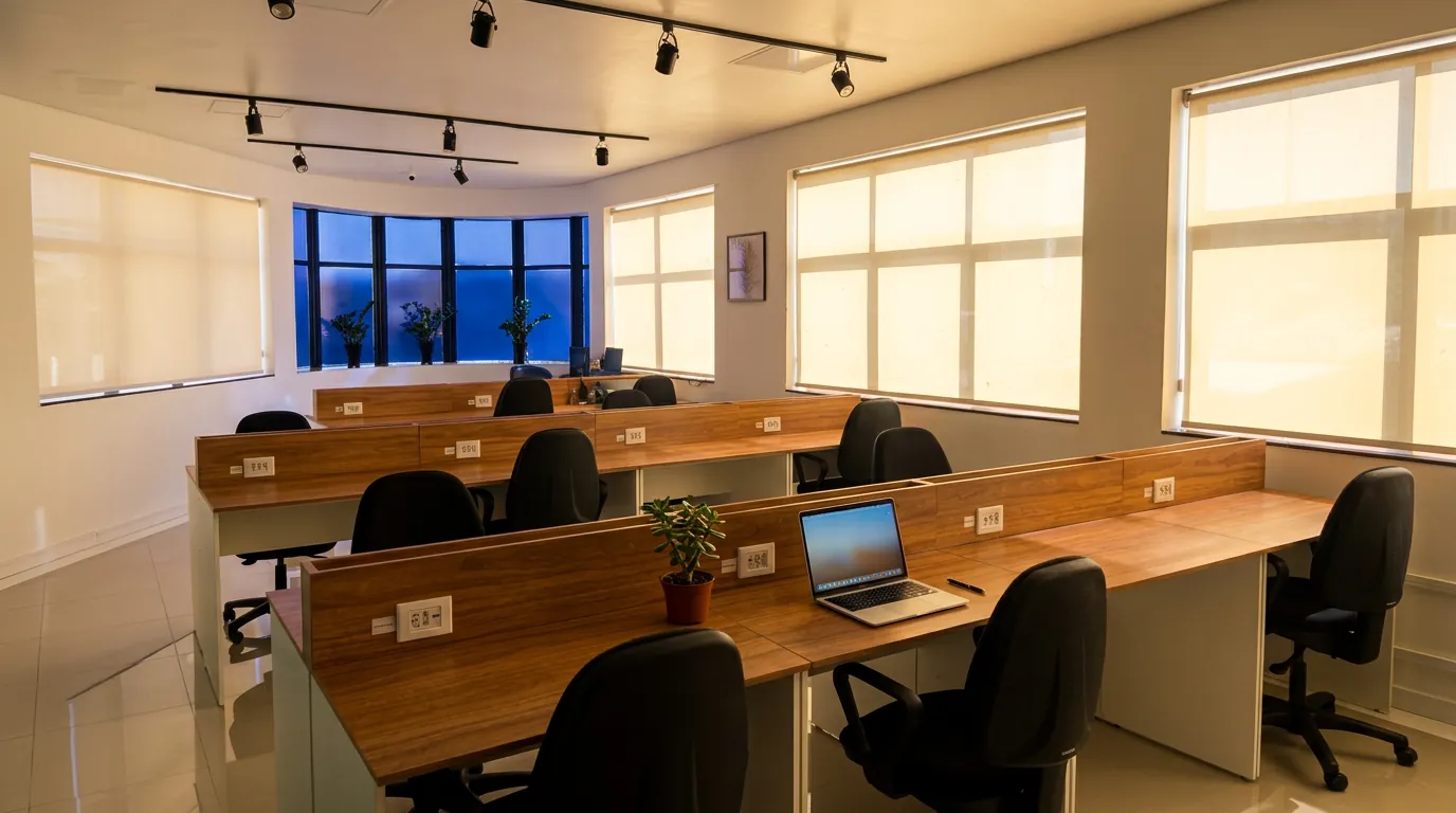 Salão amplo do coworking com luz natural